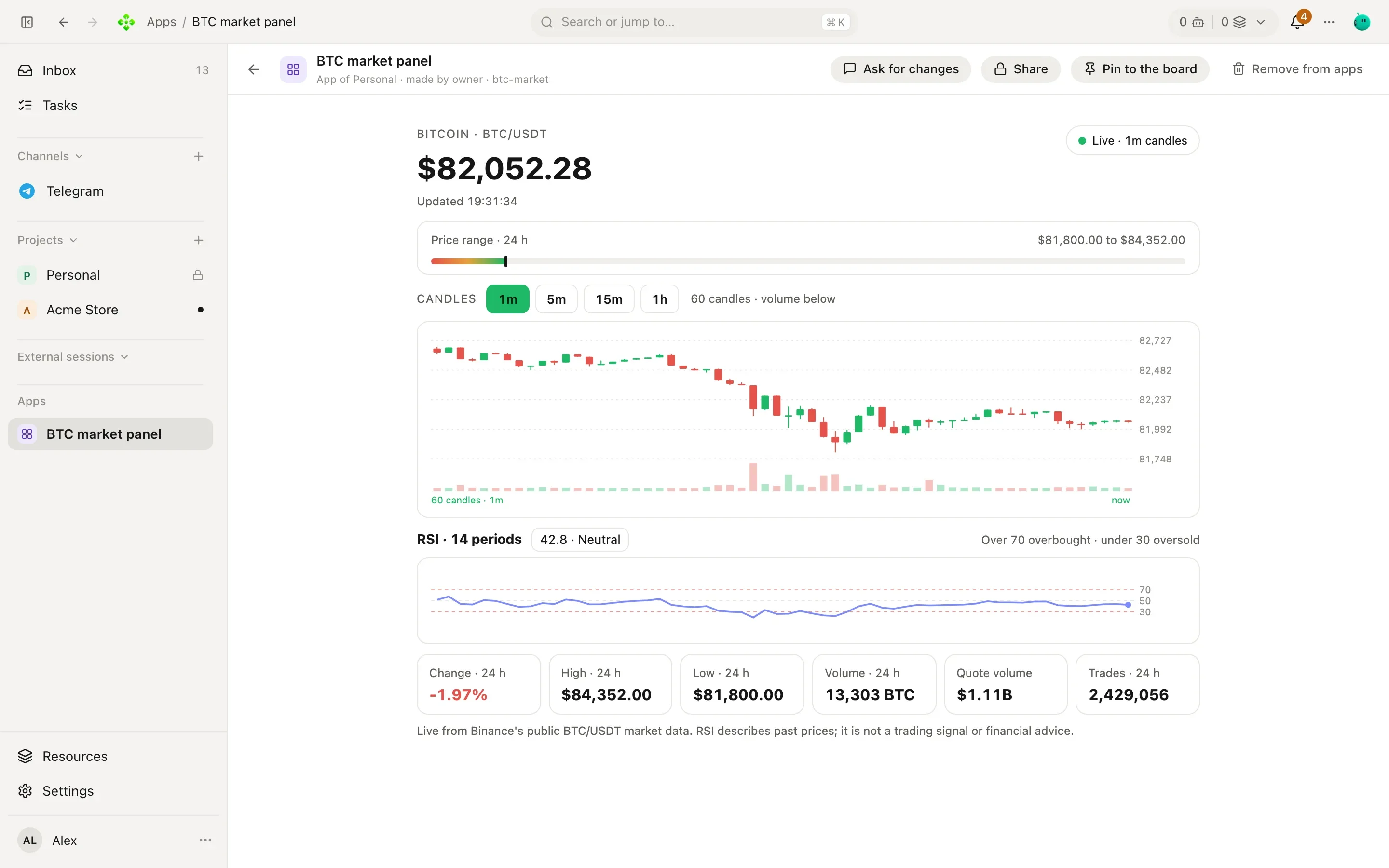 A widget opened fullscreen as an App, with its title and the project and agent that made it