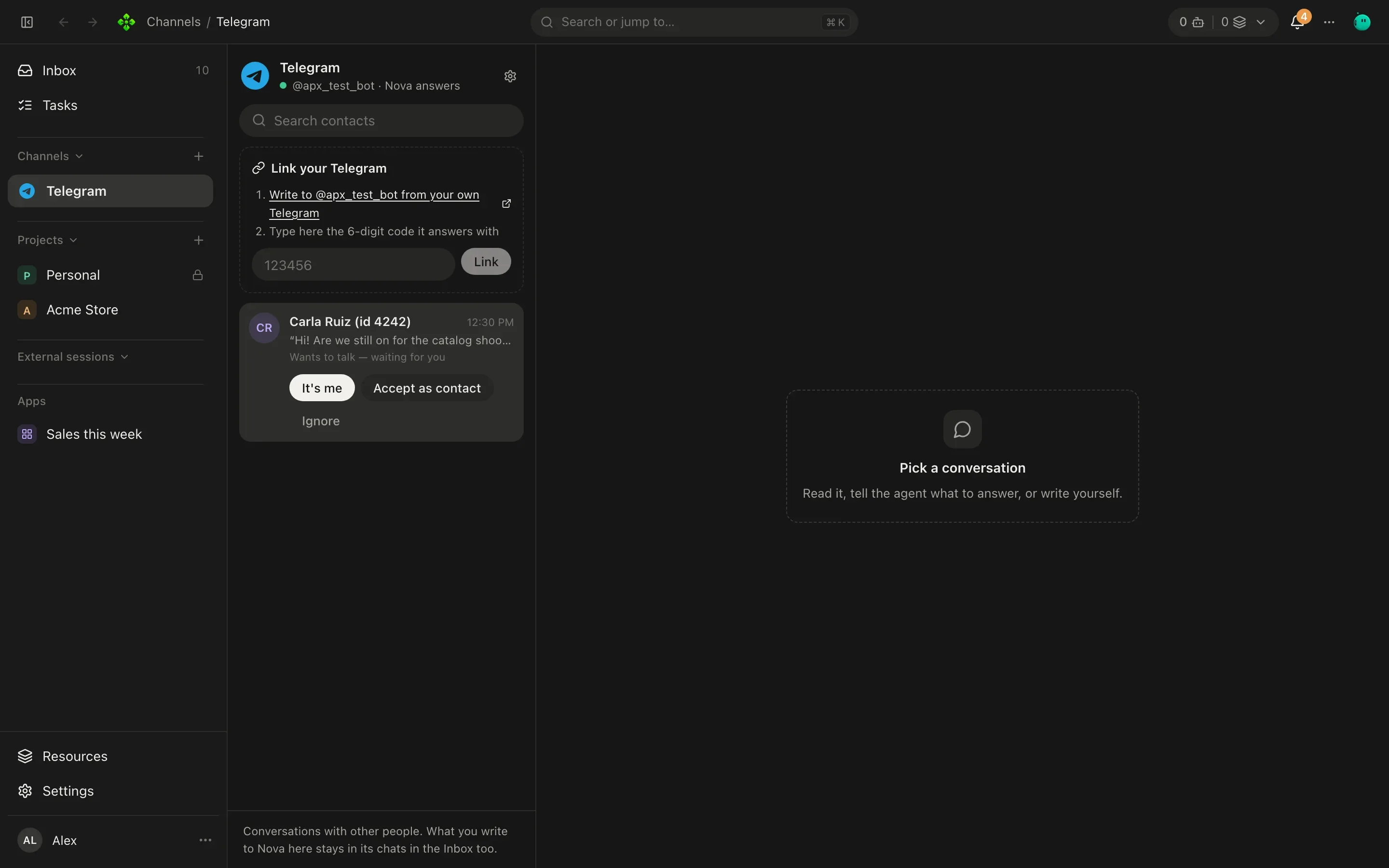 The Telegram channel screen: a list of contacts on the left and a conversation on the right