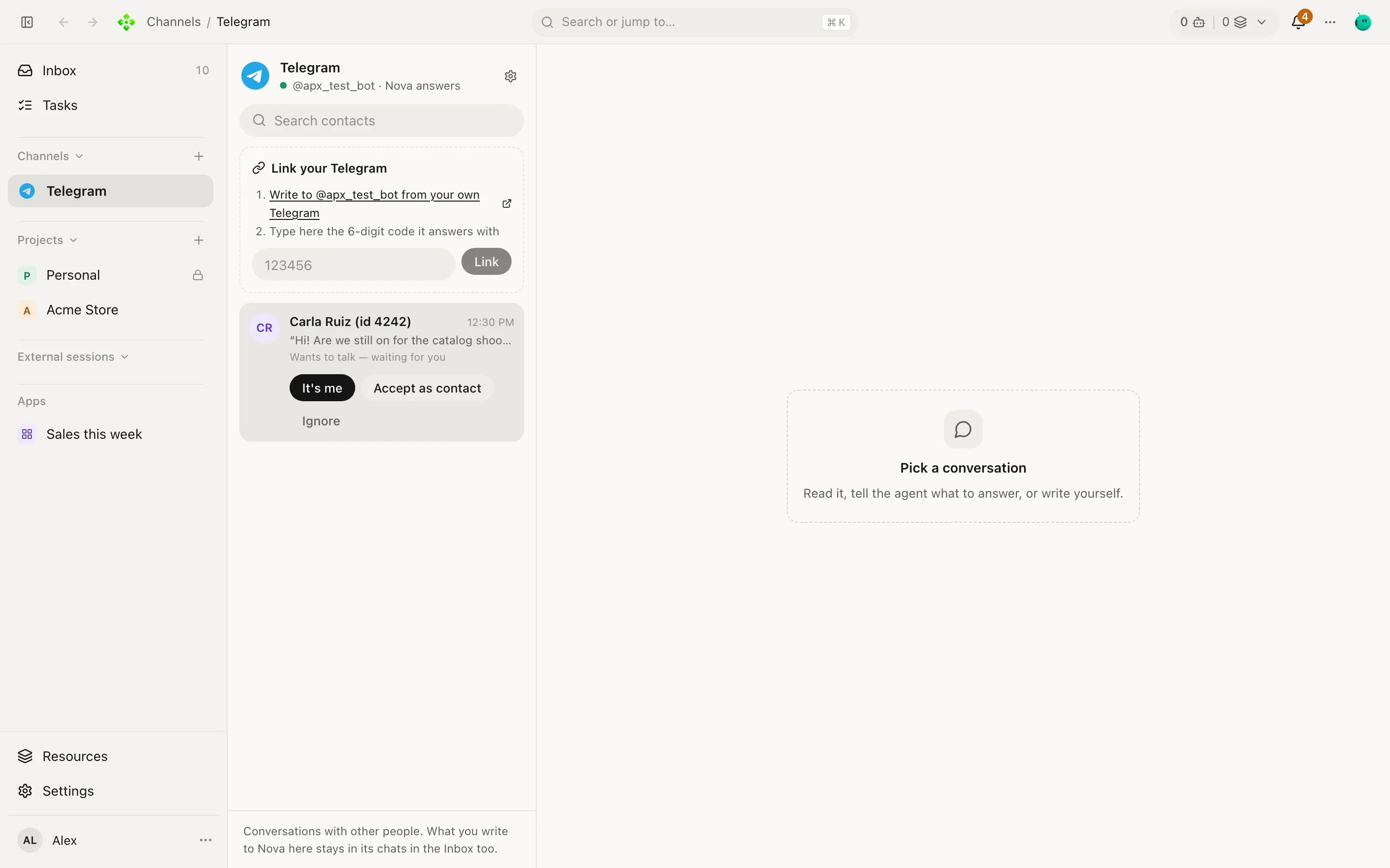The Telegram channel screen: a list of contacts on the left and a conversation on the right