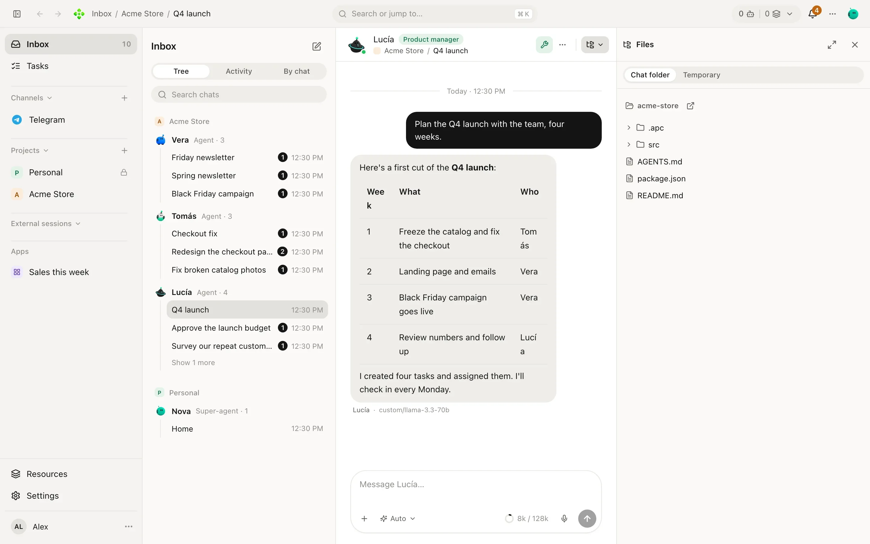A chat with the side panel open on Files, showing the chat's folder tree