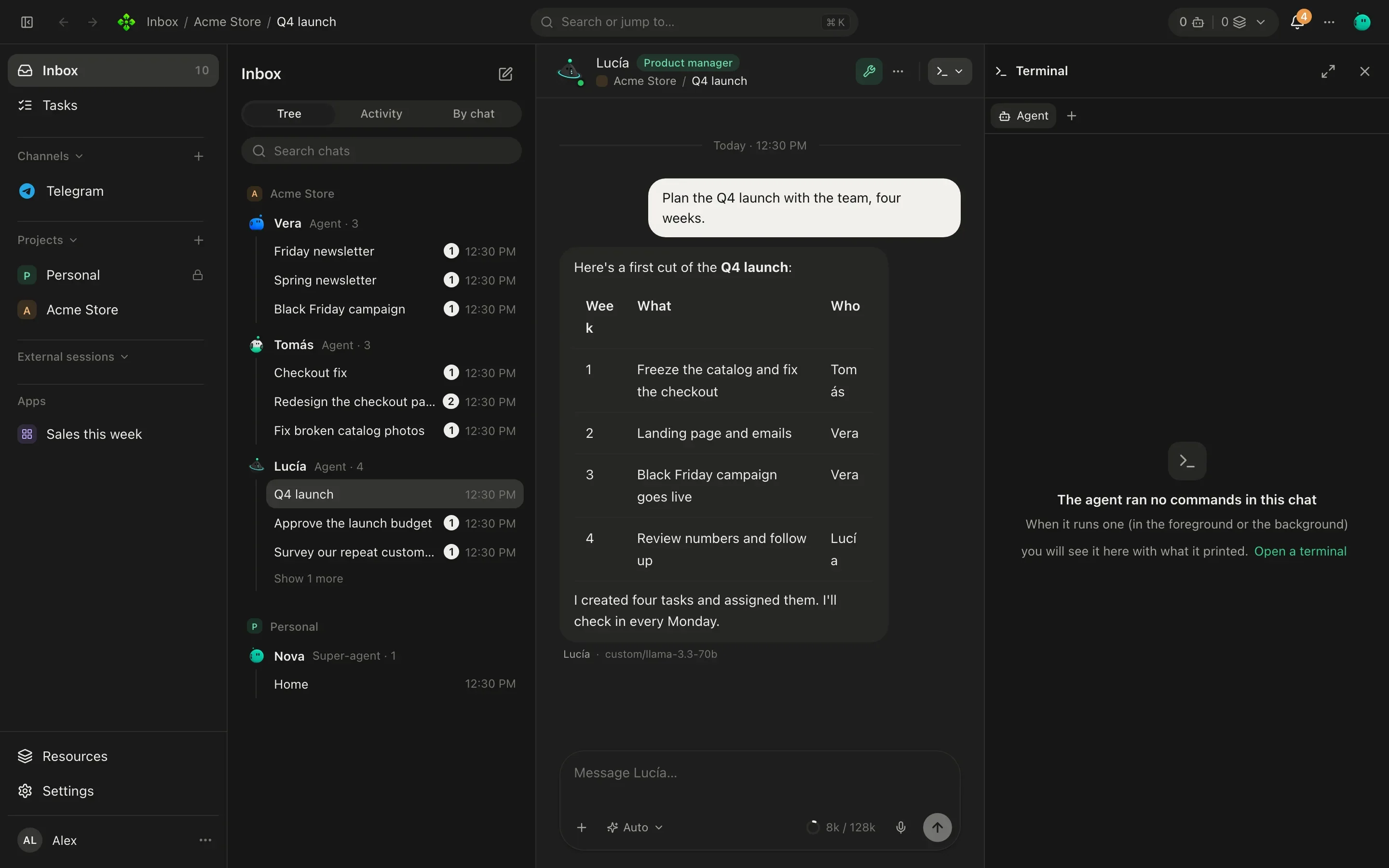 A code chat with the Terminal side panel open, showing the test command the agent ran and its output