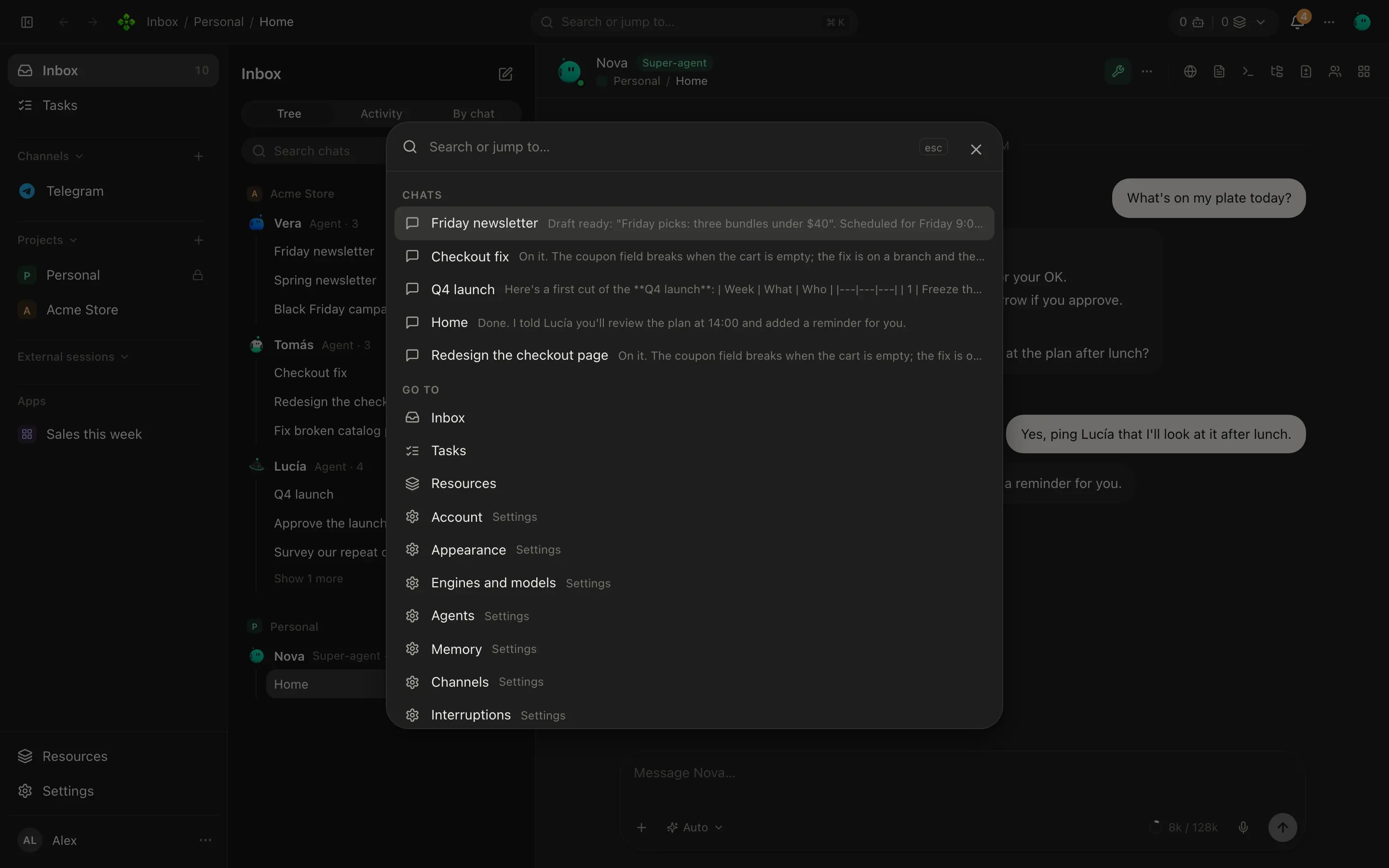 The ⌘K palette open with results grouped as Go to, Chats, Projects, Agents and In messages