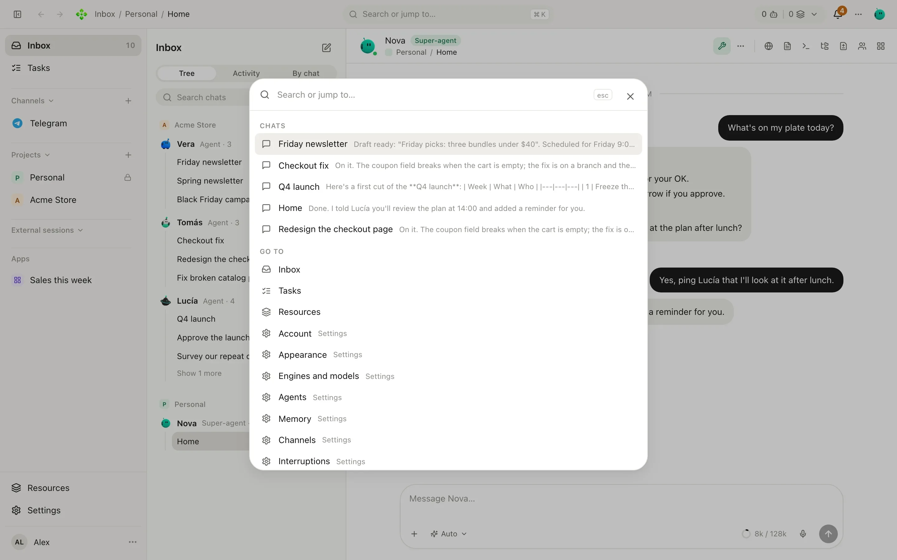 The ⌘K palette open with results grouped as Go to, Chats, Projects, Agents and In messages