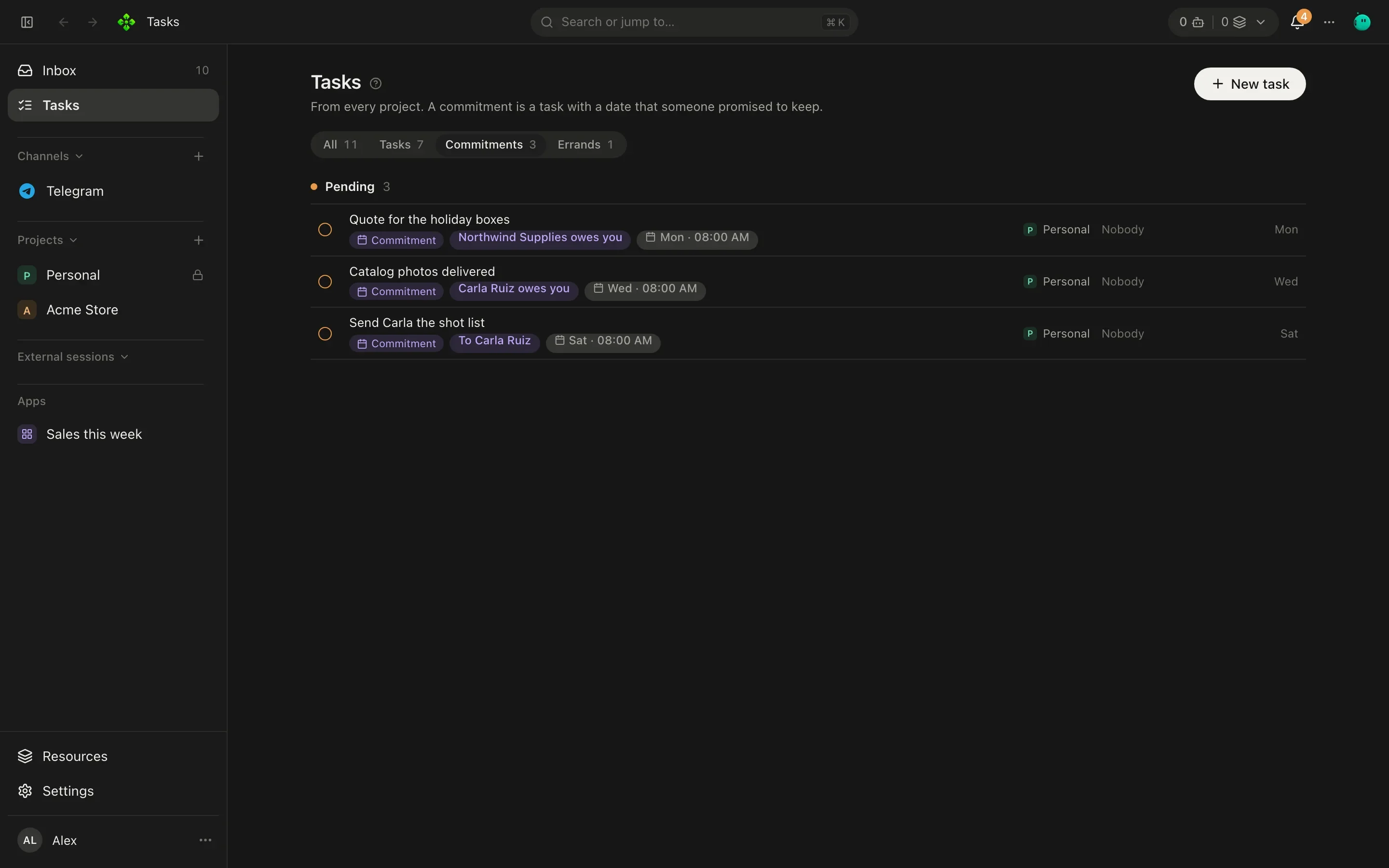 Tasks filtered to Commitments: what you owe each person and what each person owes you, with due dates
