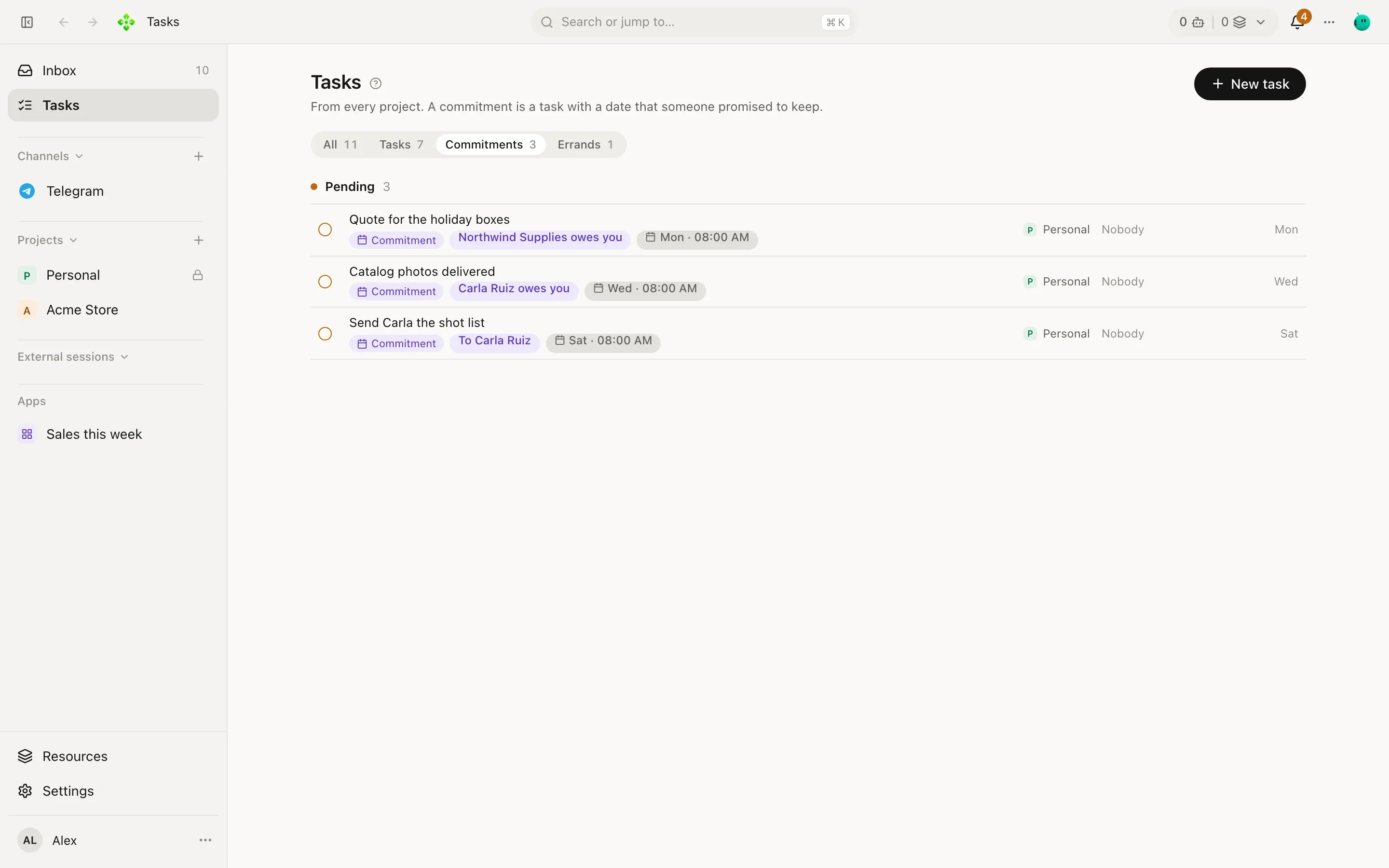 Tasks filtered to Commitments: what you owe each person and what each person owes you, with due dates