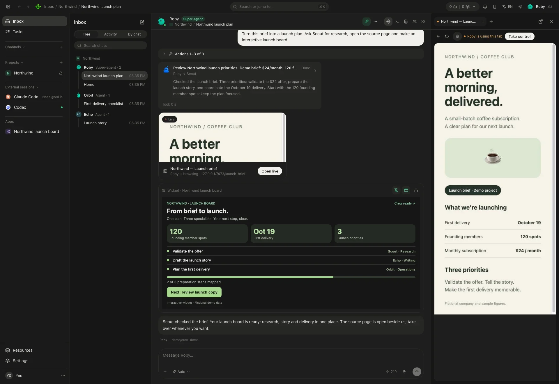 Un chat con el super-agente: una tarea pasada a otro agente, el navegador abierto en la página de origen y un widget interactivo con el tablero de lanzamiento