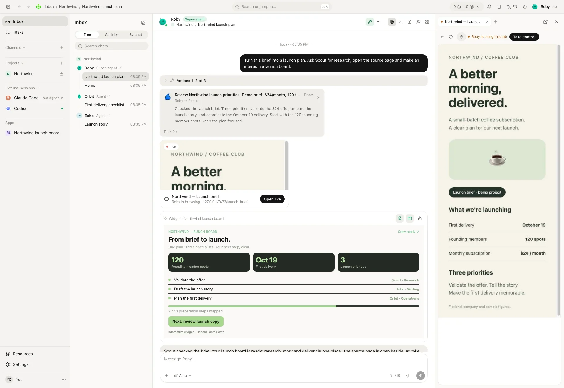 Un chat con el super-agente: una tarea pasada a otro agente, el navegador abierto en la página de origen y un widget interactivo con el tablero de lanzamiento