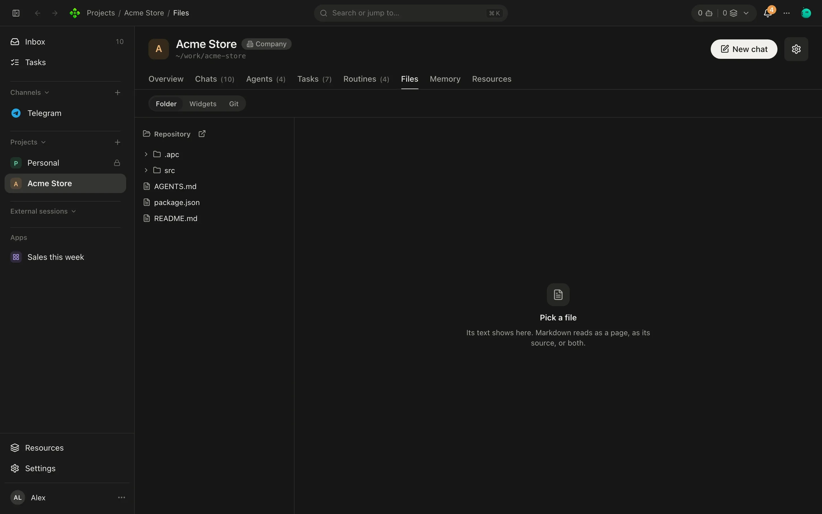 Acme Store's Files tab with the folder tree on the left and a file open in the code view