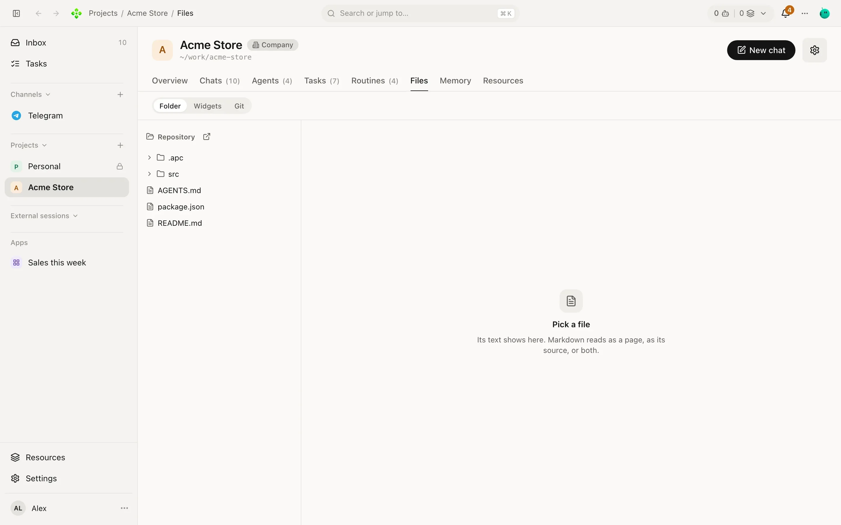 Acme Store's Files tab with the folder tree on the left and a file open in the code view