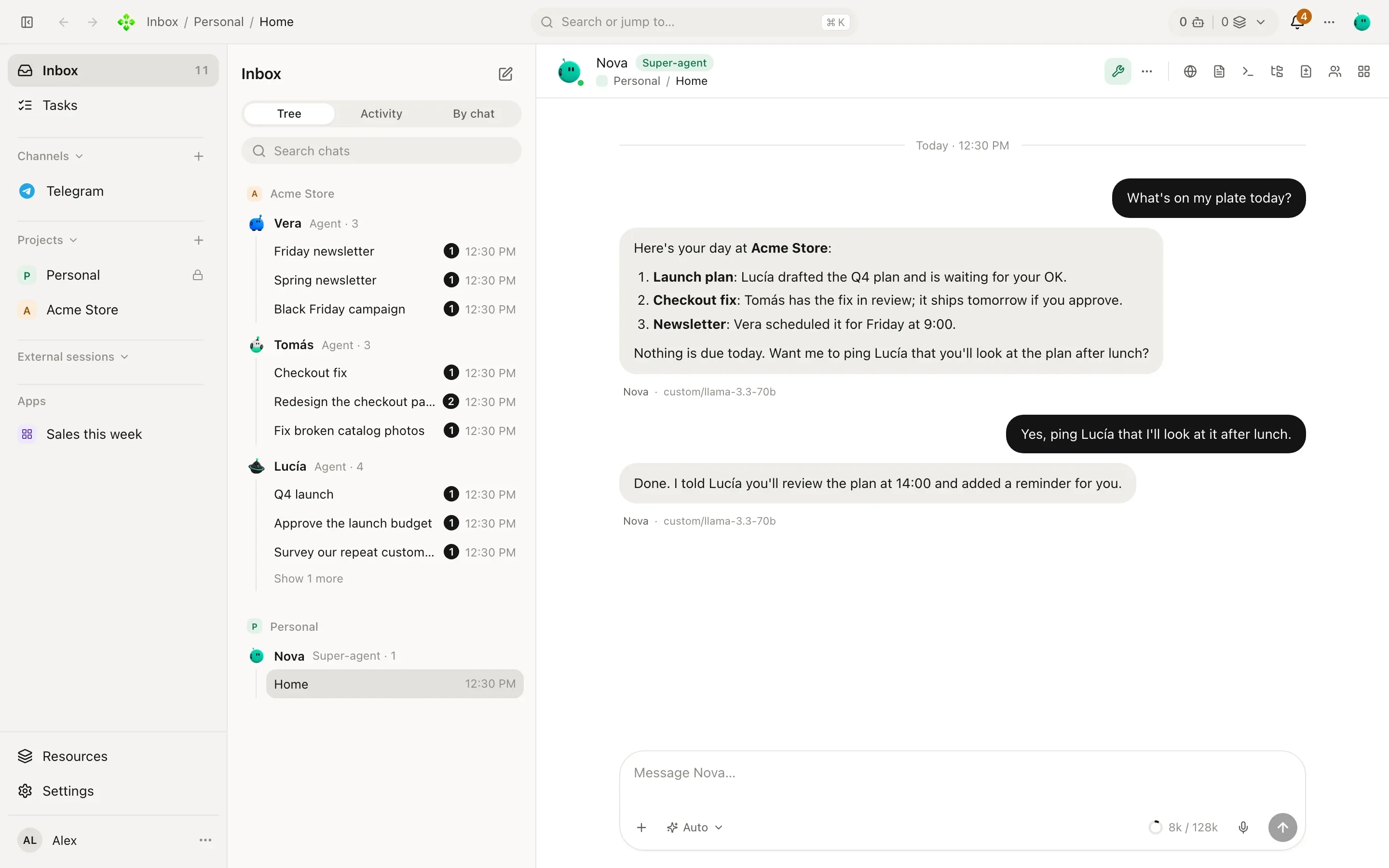 The Inbox with Home's chat open: a short conversation with the secretary
