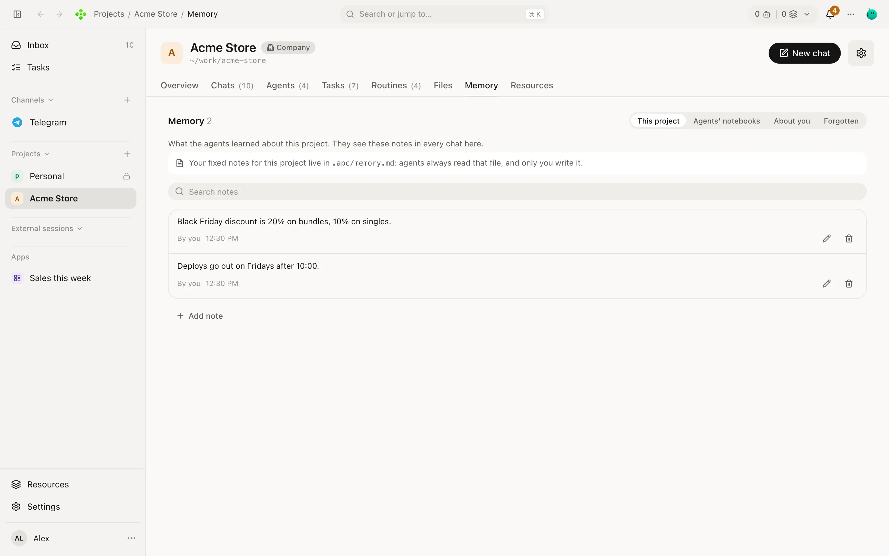 Acme Store's Memory tab: project notes with who wrote each one, and a search box