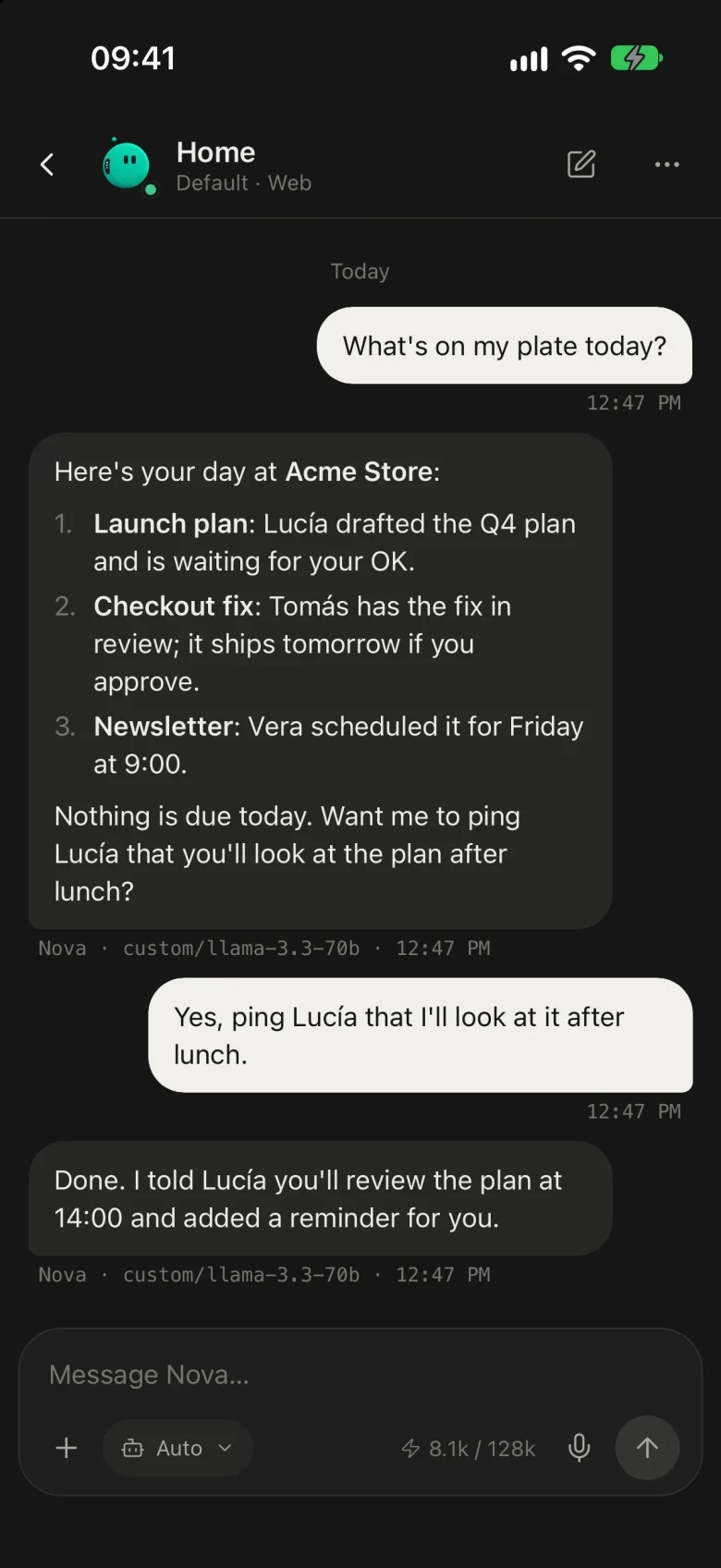 The APX app on a phone, with the Home chat open