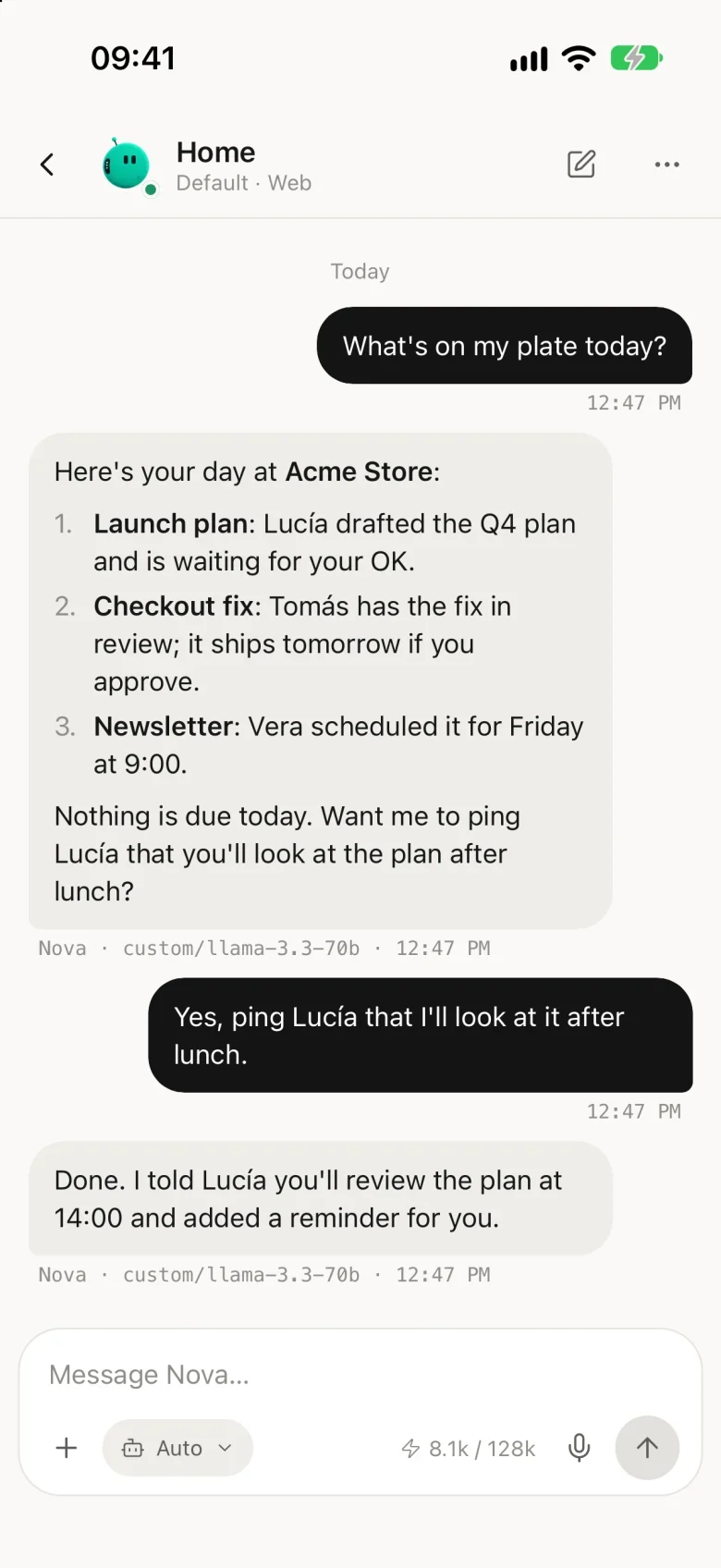 The APX app on a phone, with the Home chat open