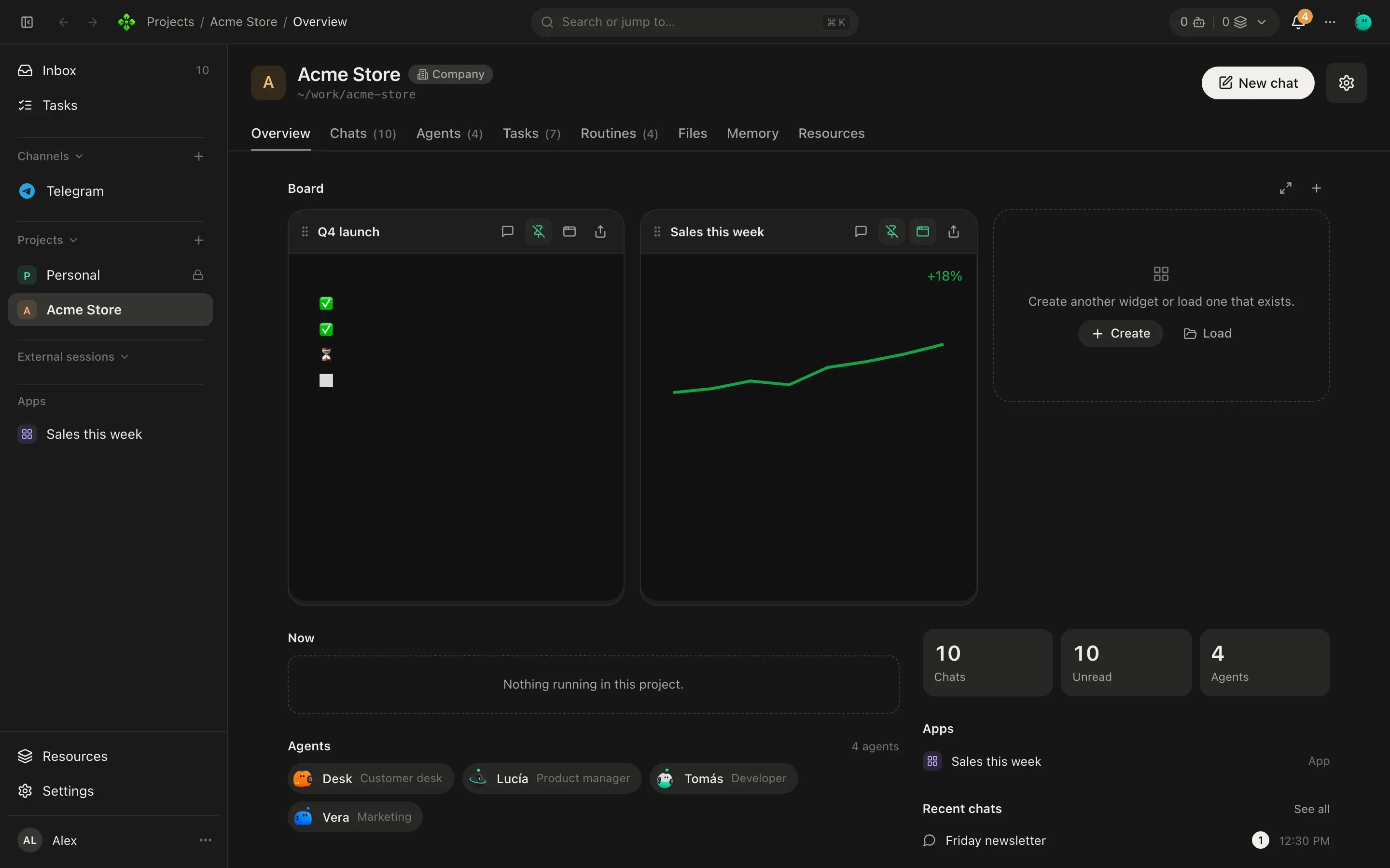 Acme Store's Overview tab: a Board with a sales widget and a launch checklist, the team and recent chats