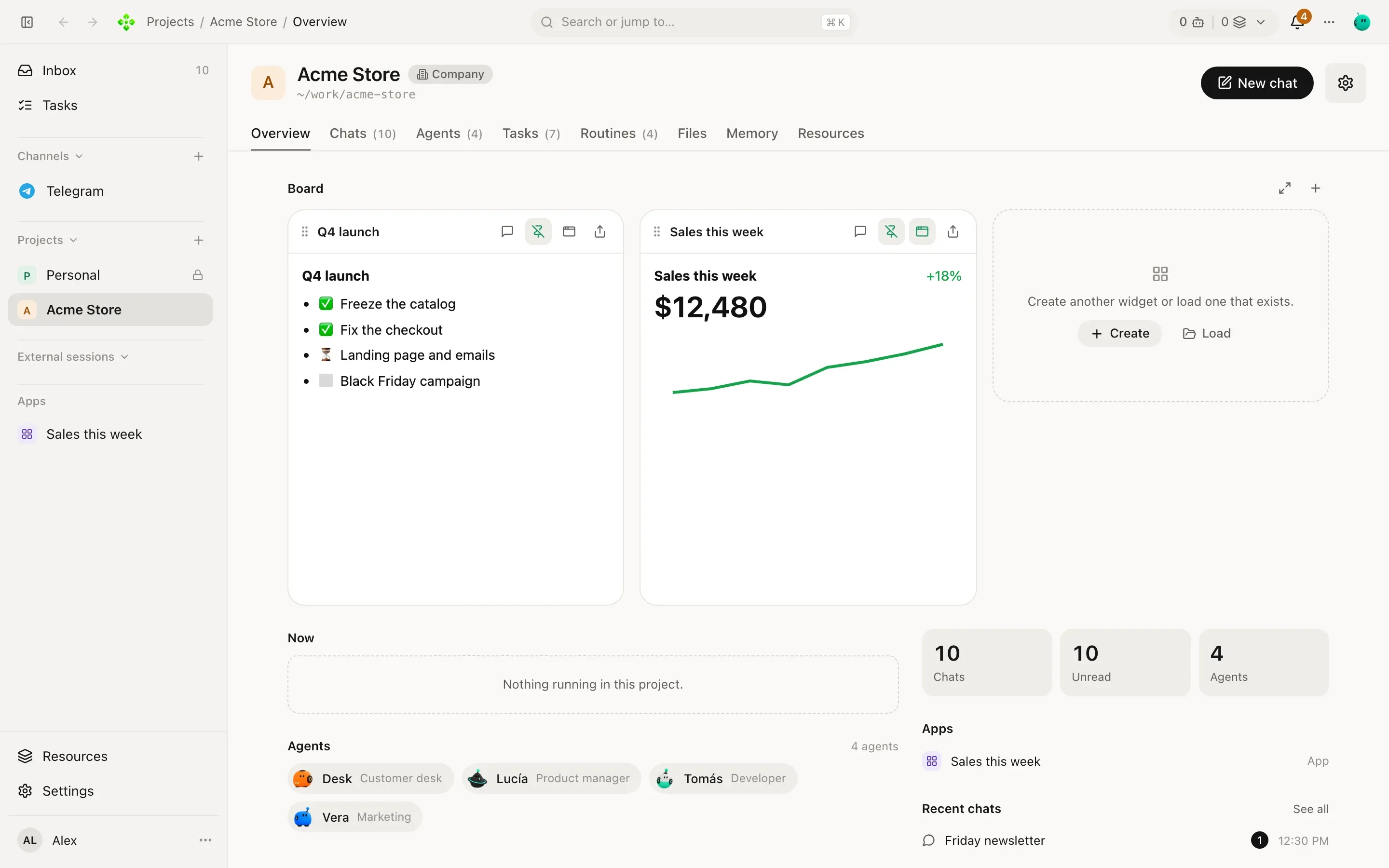 Acme Store's Overview tab: a Board with a sales widget and a launch checklist, the team and recent chats