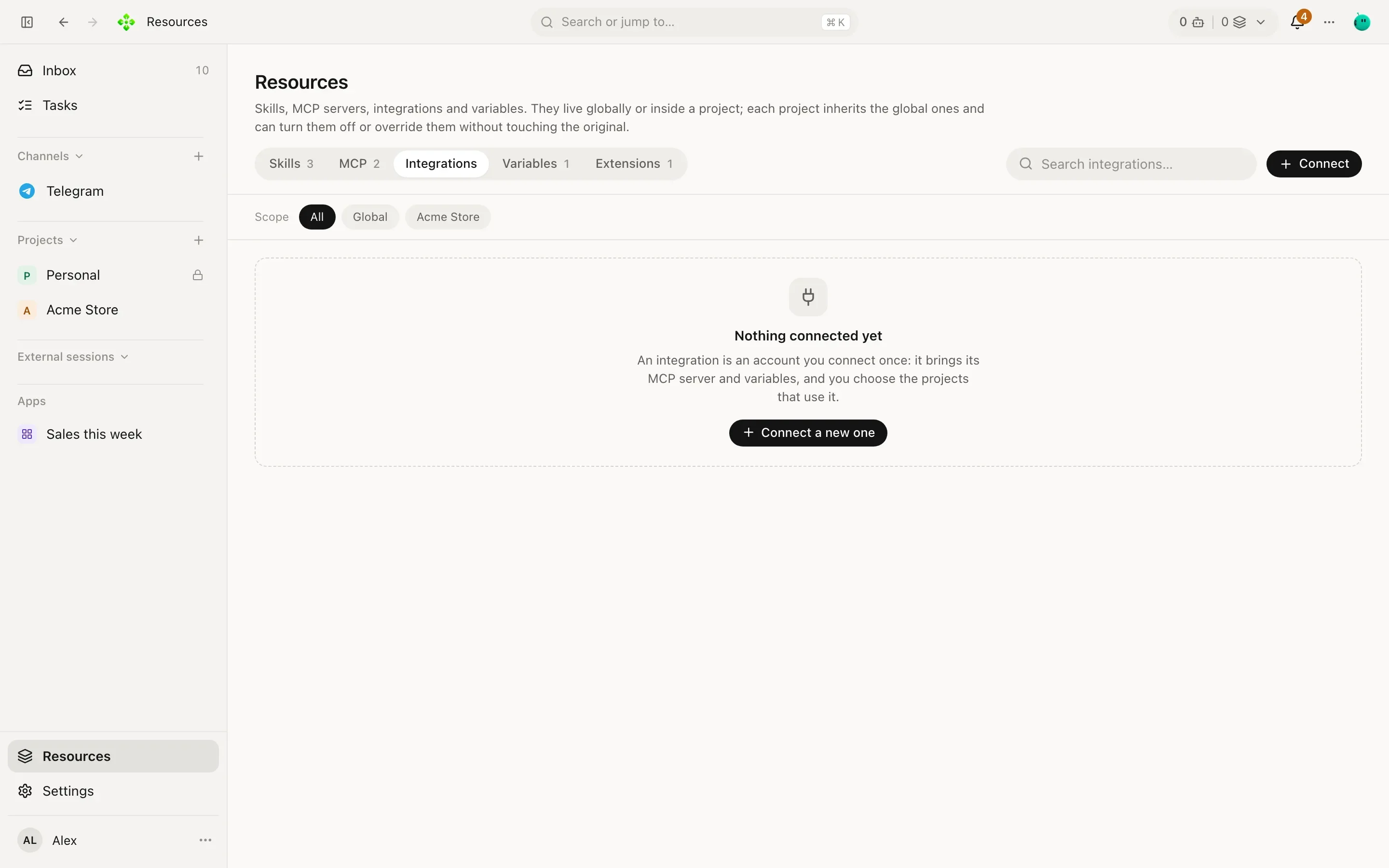 Resources, Integrations tab: connected integrations and the catalog of ones that can be connected