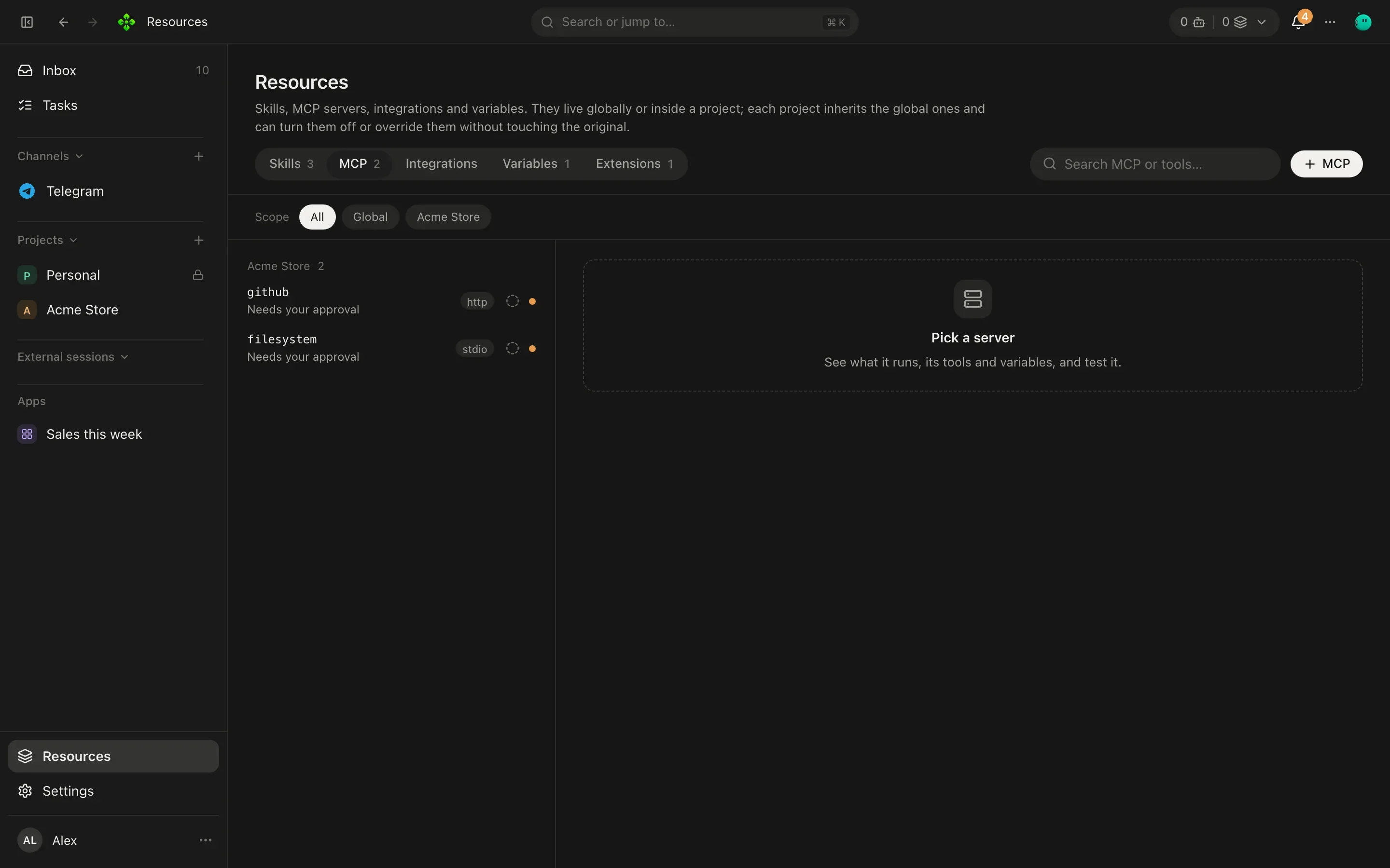 Resources, MCP tab: a list of MCP servers with their status and tool counts, one open with its command and tools