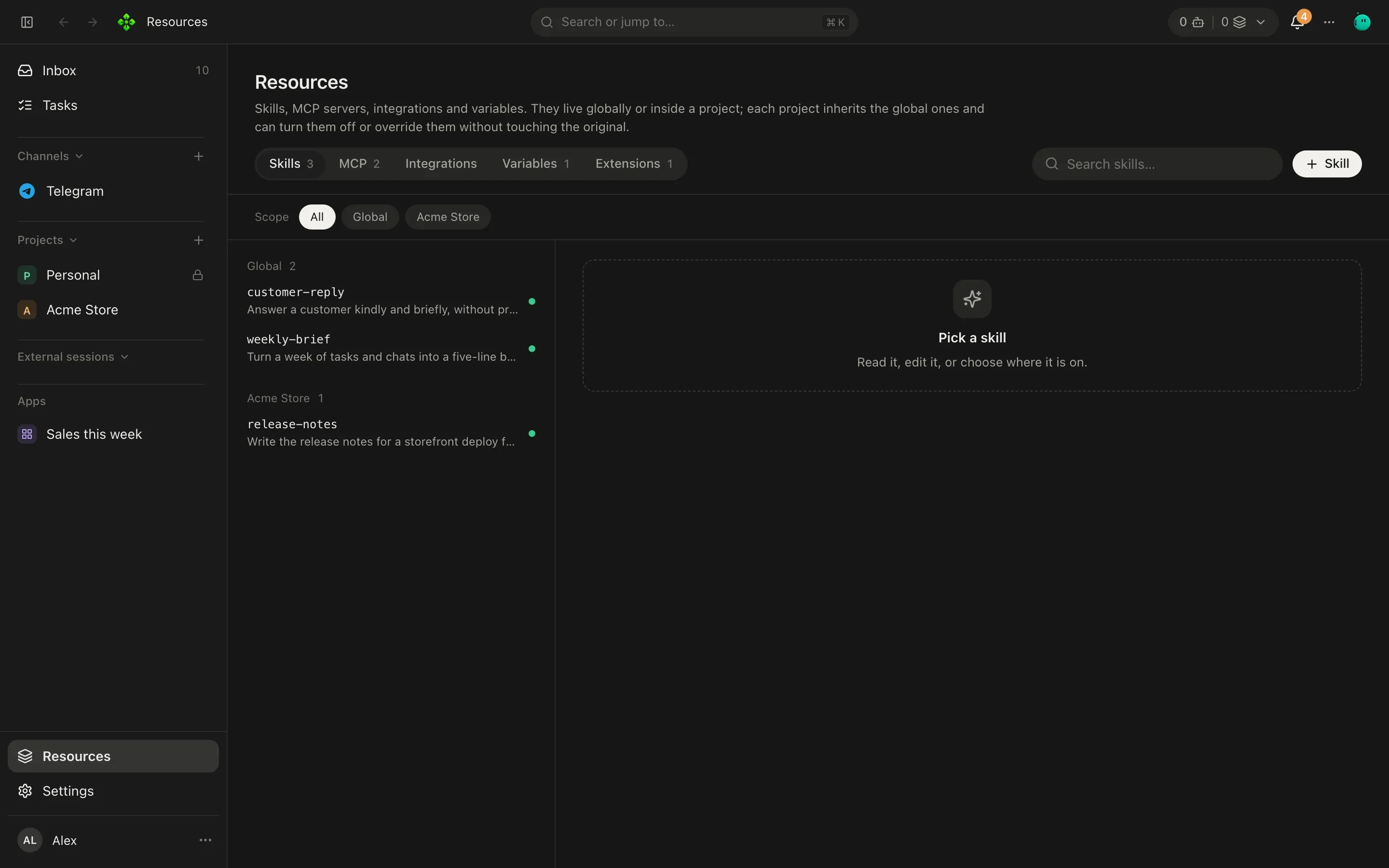 Resources, Skills tab: a list of global and project skills with one open, showing its description and where it is on