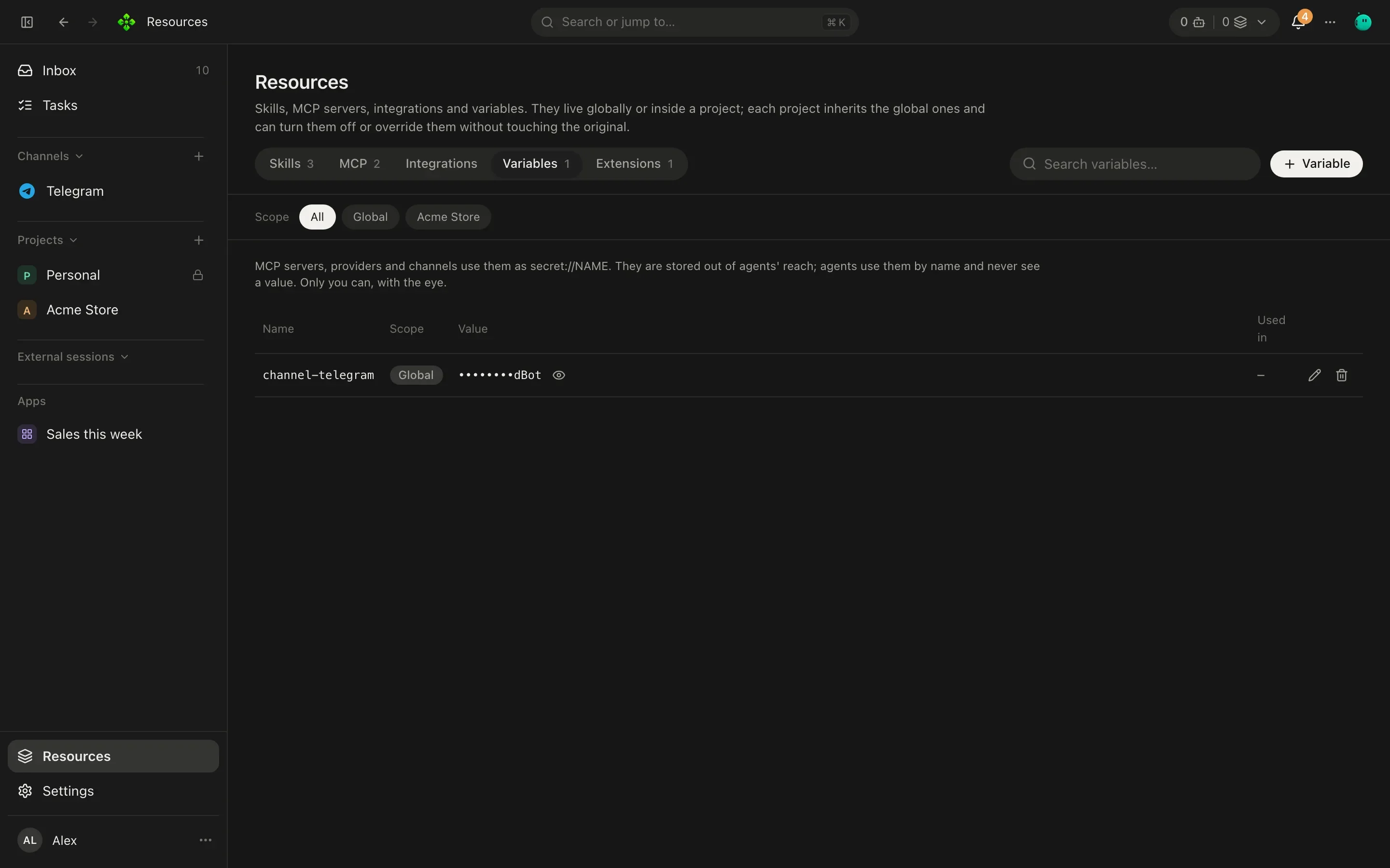 Resources, Variables tab: a table of variables with their scope, masked value and where each is used
