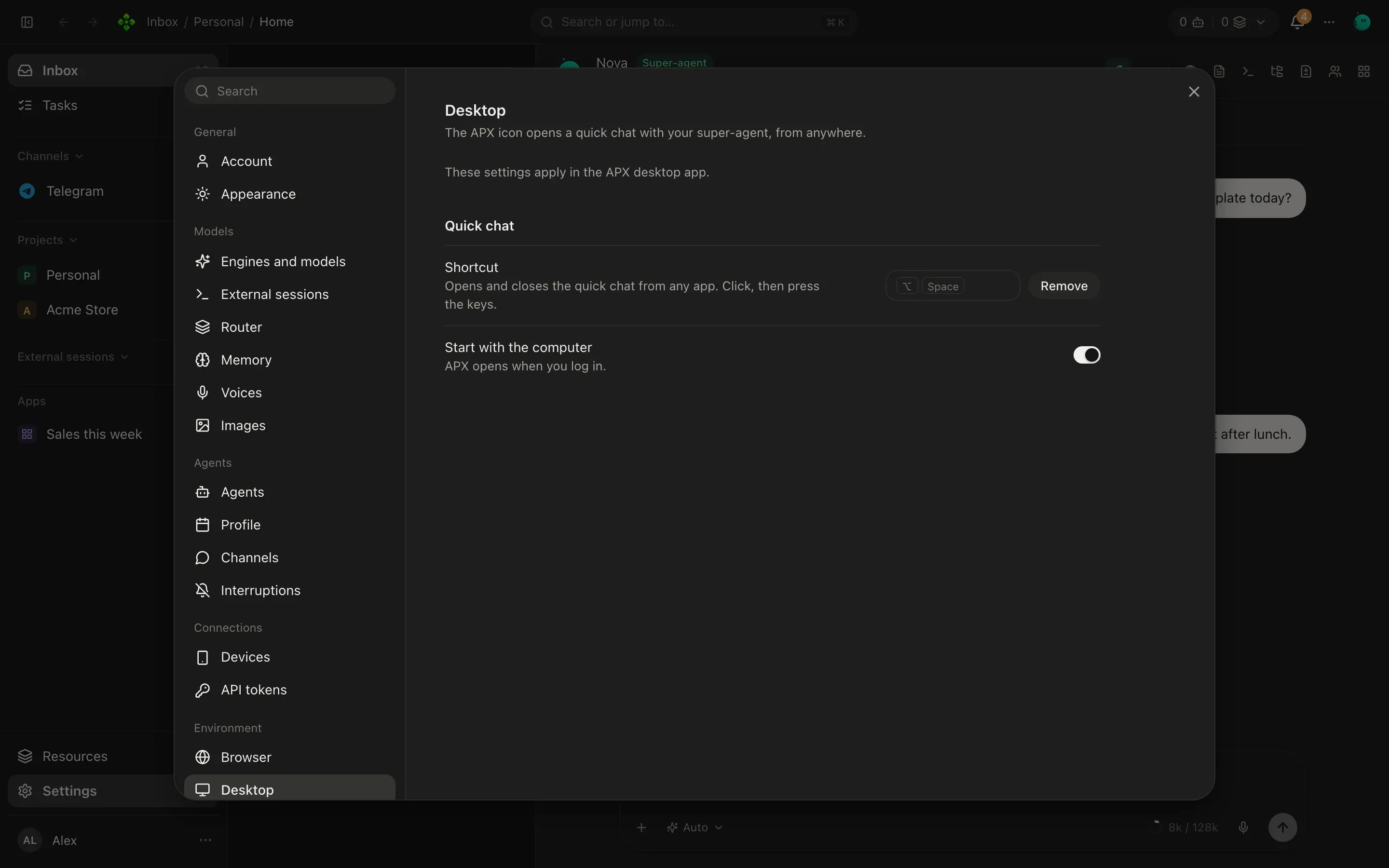 Settings, Desktop section: the quick chat shortcut, start with the computer, and computer use with its macOS permissions