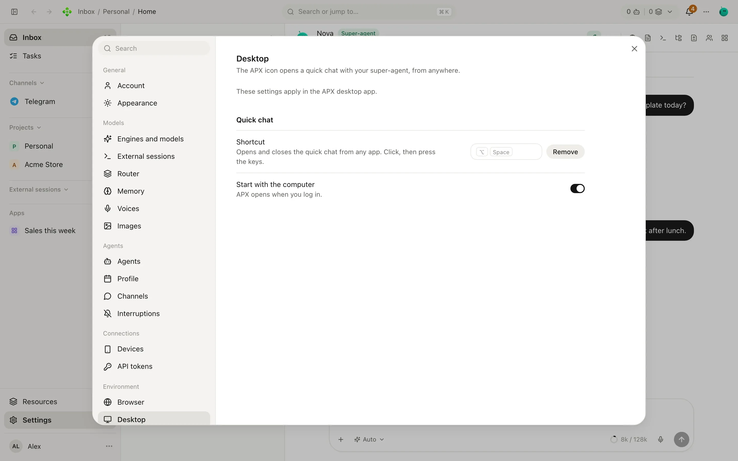 Settings, Desktop section: the quick chat shortcut, start with the computer, and computer use with its macOS permissions