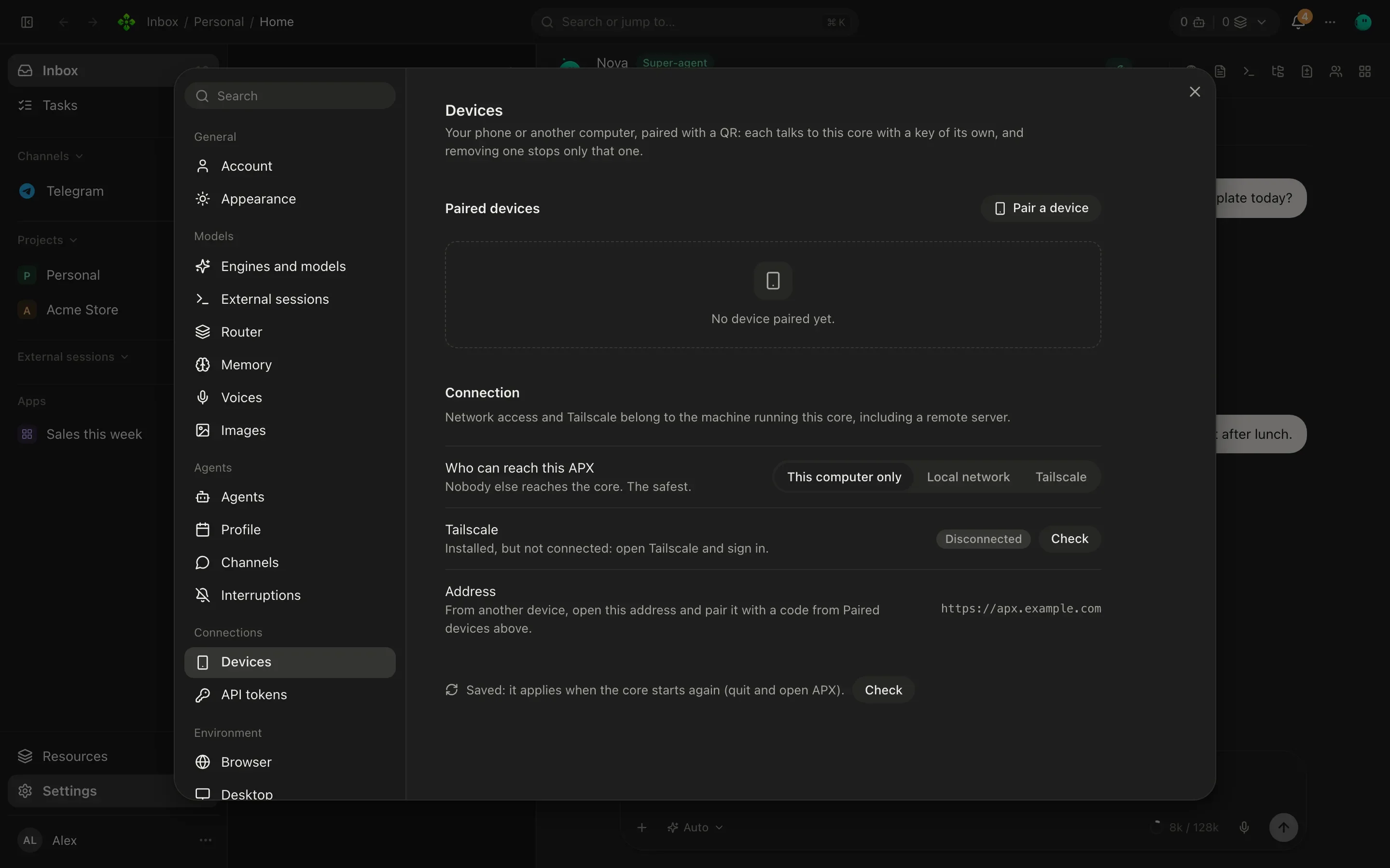 Settings, Devices section: paired devices with their platform and last seen time, and the connection options