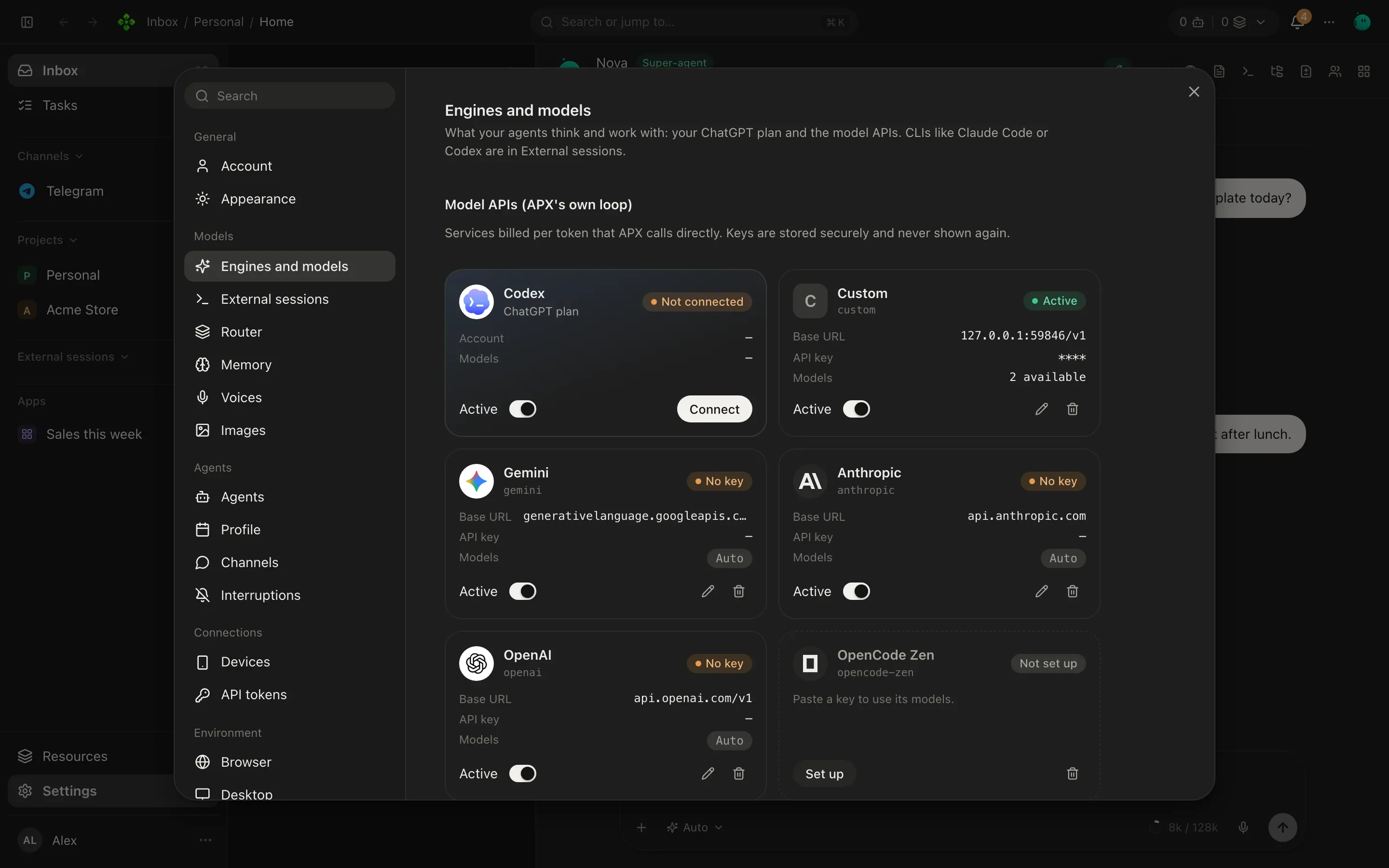 Settings, Engines and models: the ChatGPT plan card and a list of model APIs with their status
