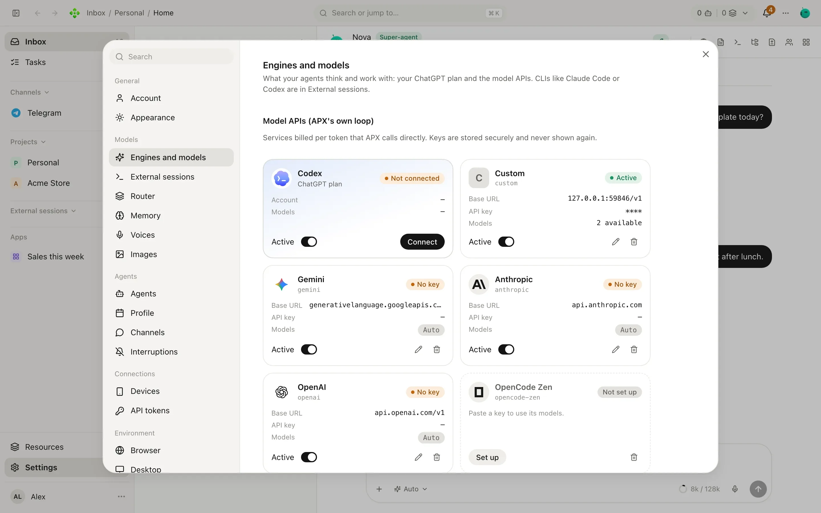 Settings, Engines and models: the ChatGPT plan card and a list of model APIs with their status