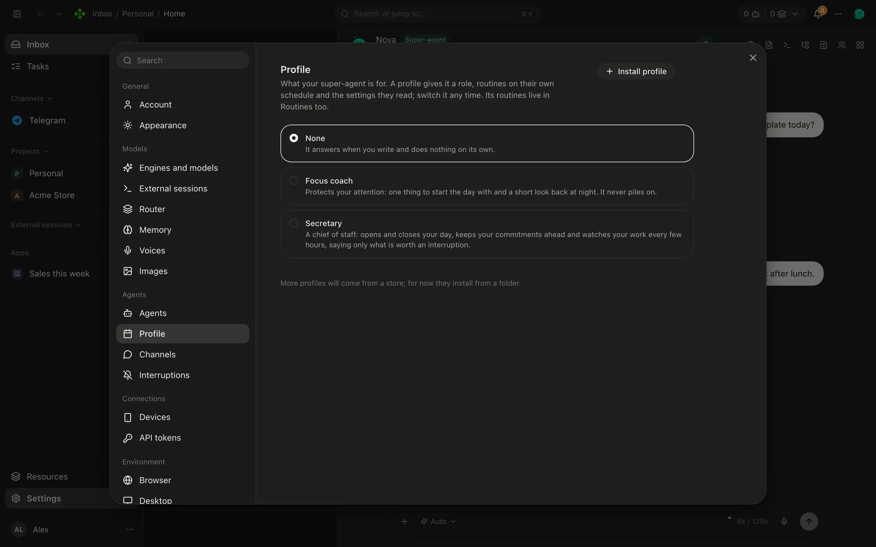 Settings, Profile with the Secretary selected: open the day, close the day, watch every, calendar command and thresholds