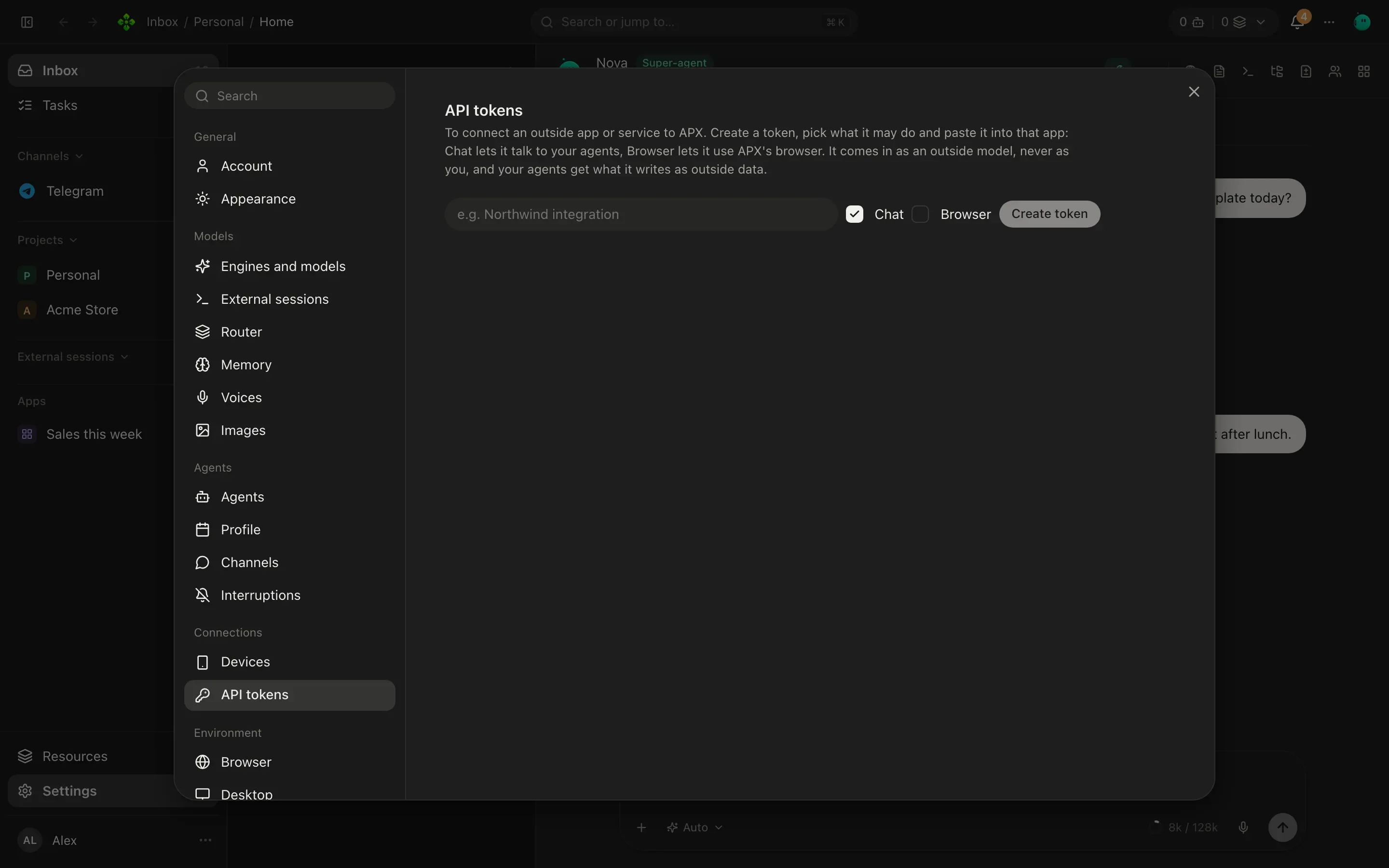 Settings, API tokens: a list of app tokens with their scopes and last use, and a form to create a new one