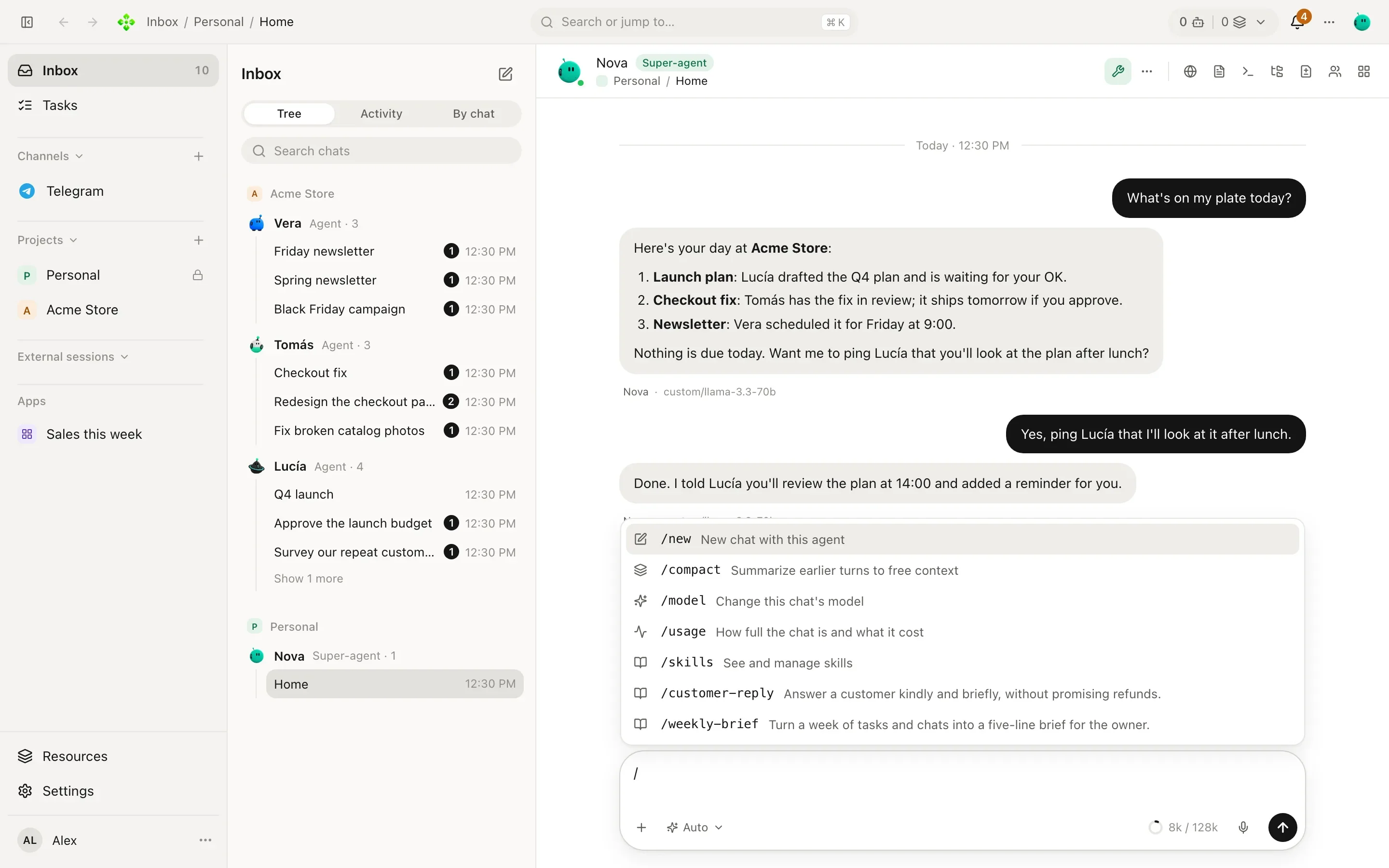 The composer with the slash menu open, listing /new, /compact, /model, /effort and skills