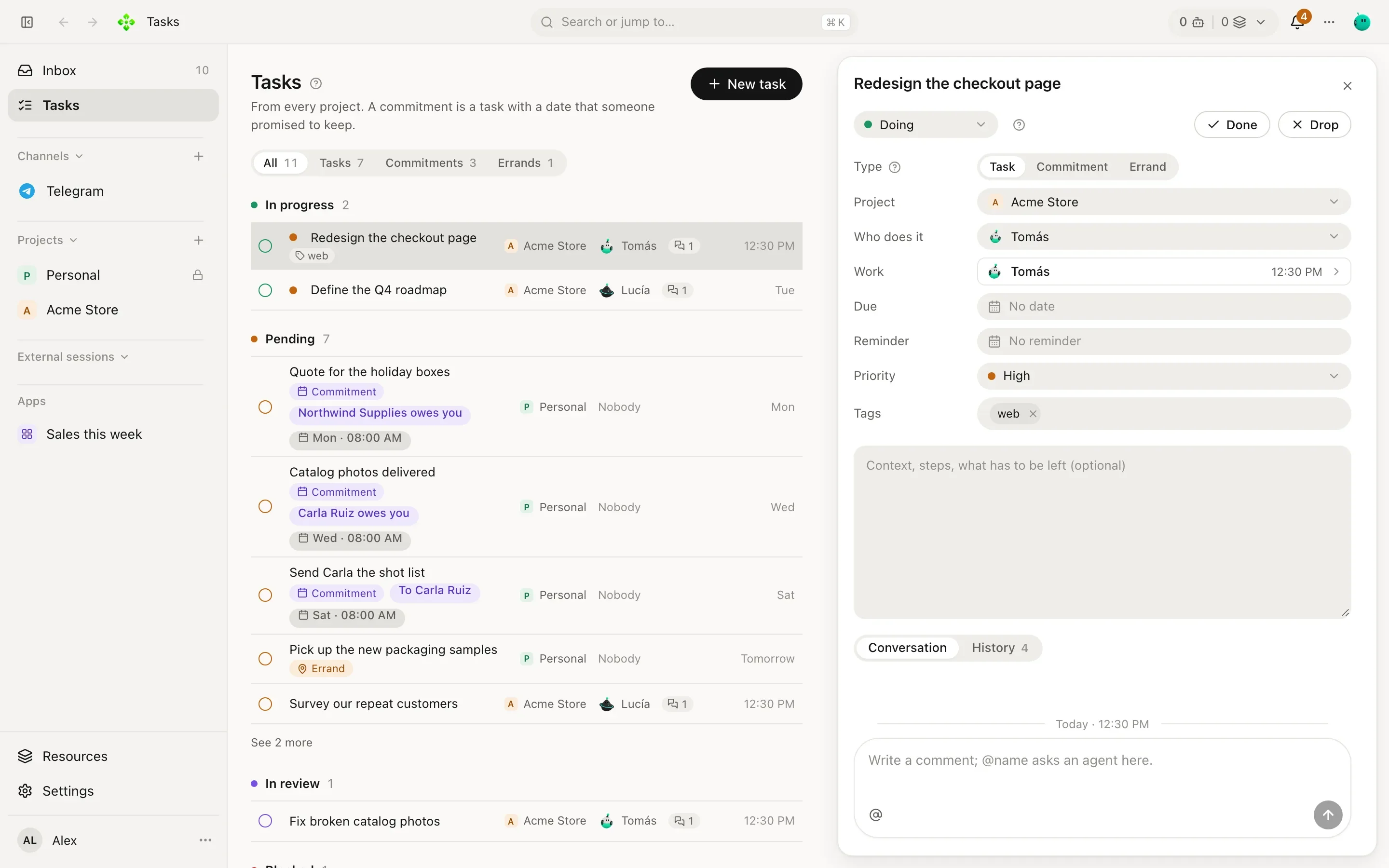 A task open in its drawer: title, assignee, priority, and a conversation of comments from the owner and an agent