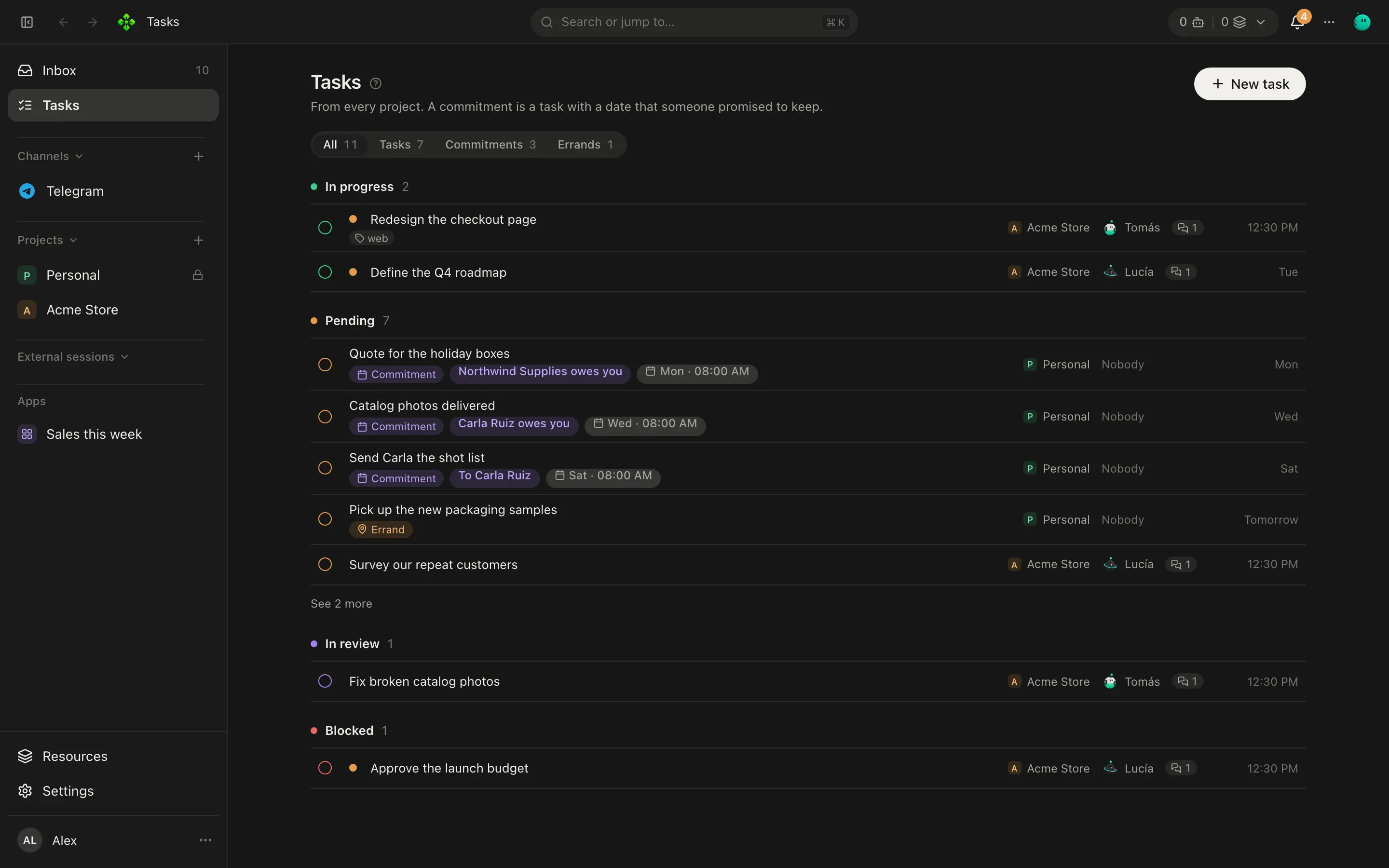 The Tasks screen with groups In progress, Pending, In review and Needs your review, each listing tasks with assignee and due date