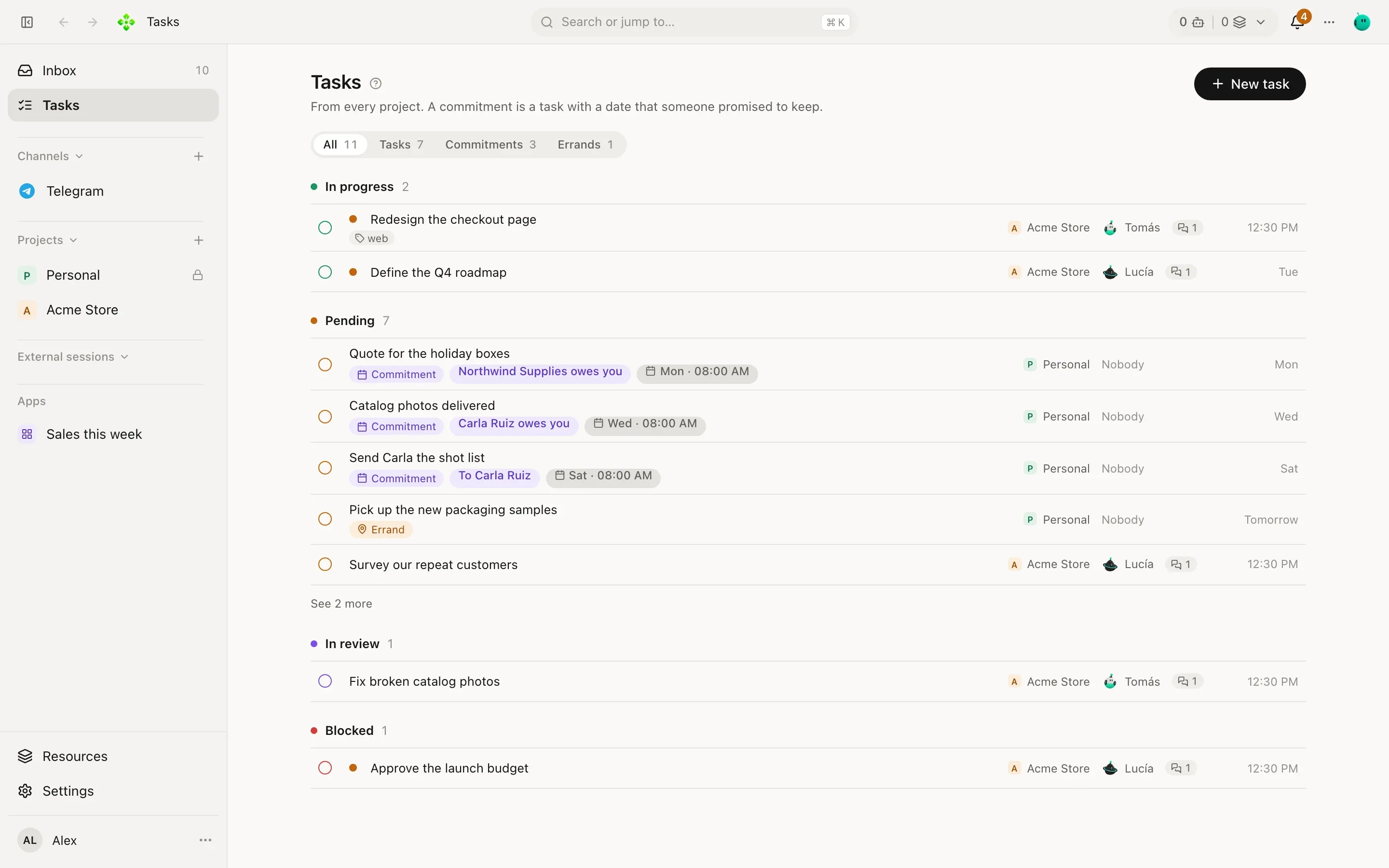 The Tasks screen with groups In progress, Pending, In review and Needs your review, each listing tasks with assignee and due date